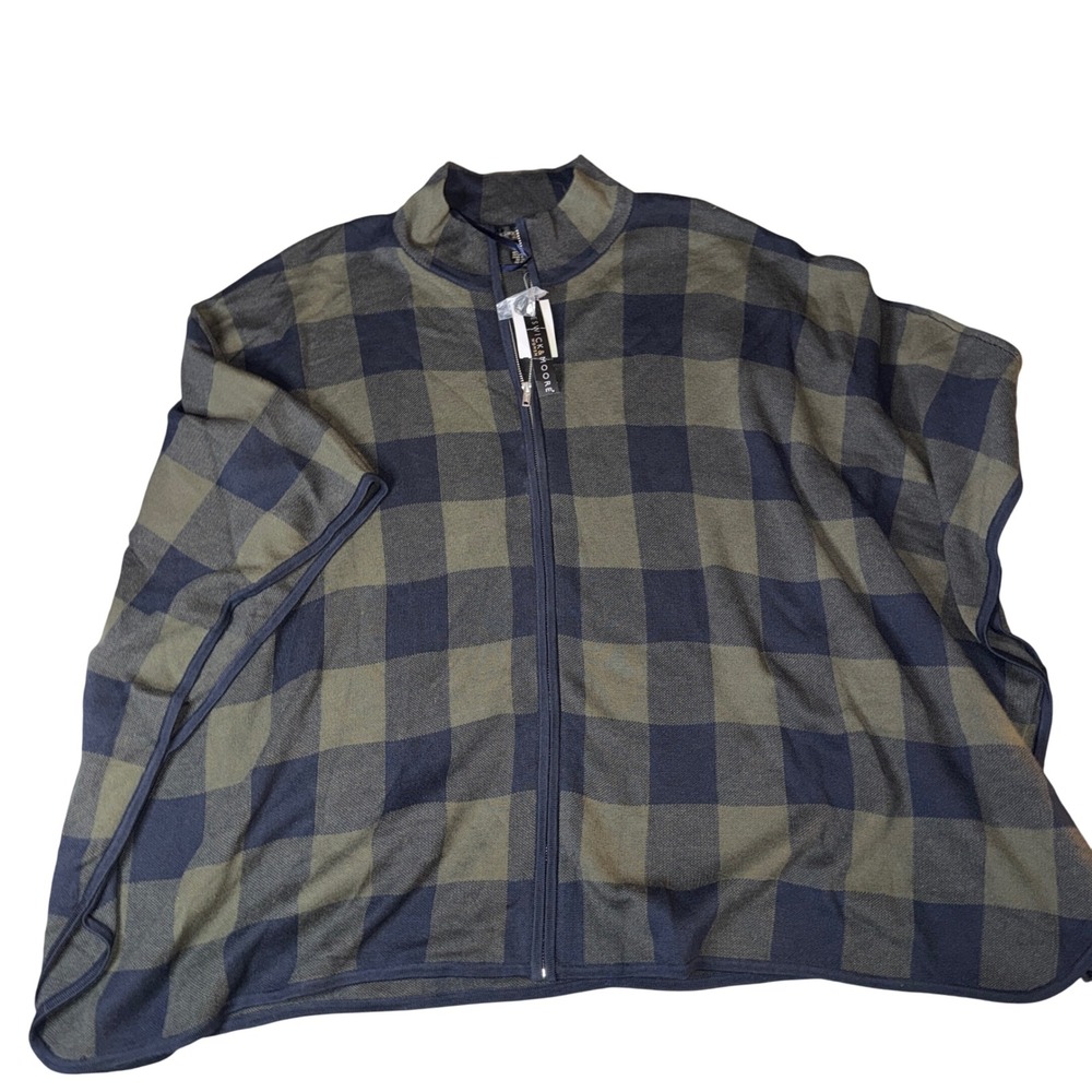 Preswick & Moore Womens 2X Plaid Full Zip Poncho Cardigan Green Navy NWT‎ NEW